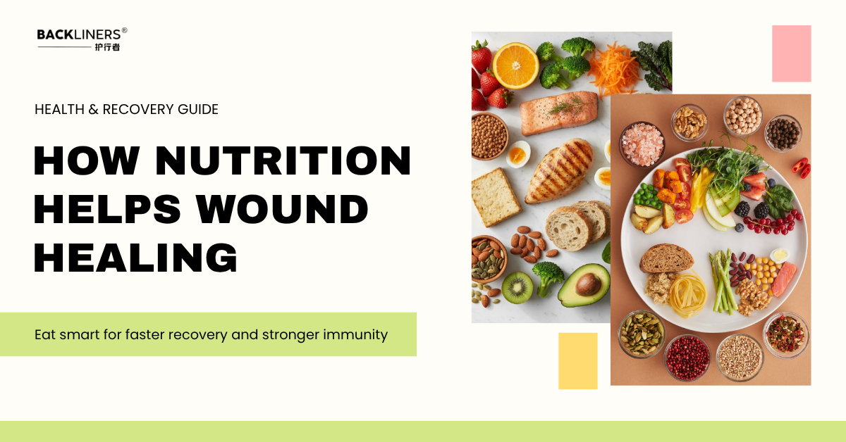 Balanced diet concept with high-protein foods, vitamin C fruits, and leafy greens for faster wound healing