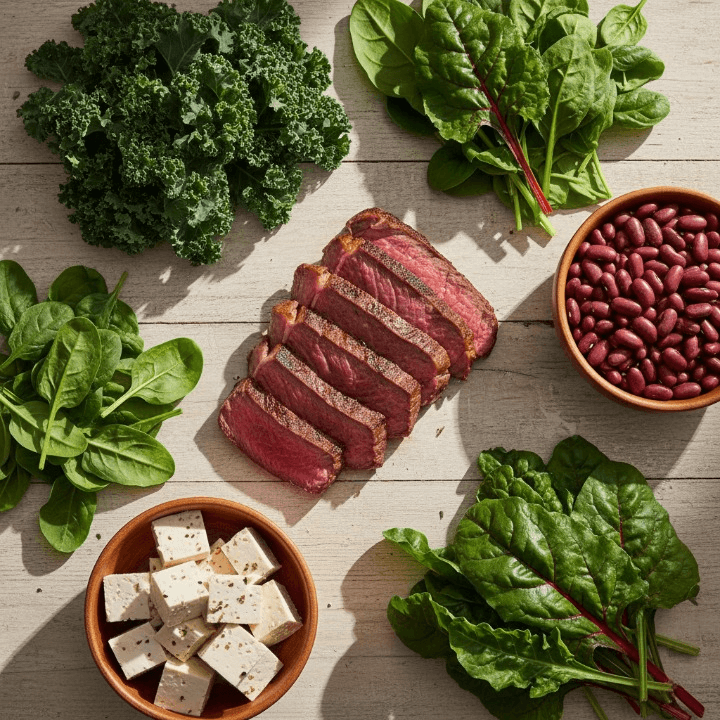 Iron and micronutrient sources like red meat, tofu, and green leafy vegetables for better wound recovery