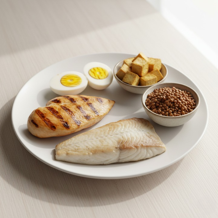 High-protein foods for wound healing including chicken breast, fish, and boiled eggs