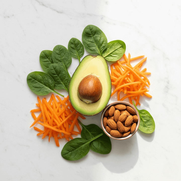 Foods high in Vitamin A and E including carrots, spinach, and pumpkin to promote skin repair