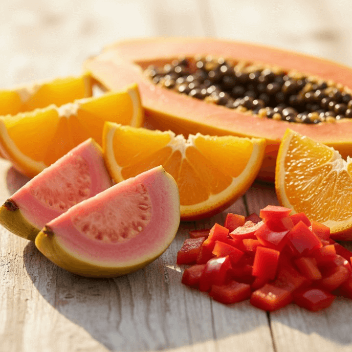 Vitamin C rich foods like guava, papaya, and oranges that support wound recovery