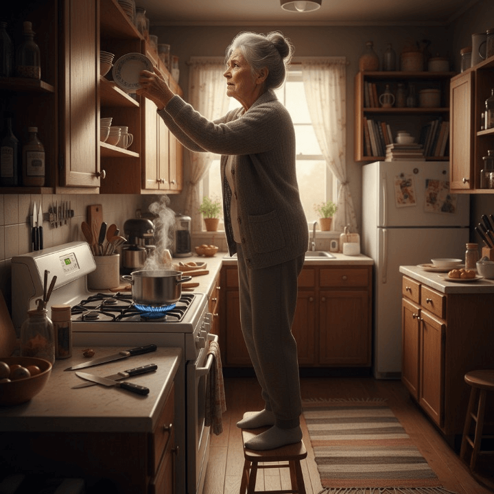 illustrating common kitchen hazards for seniors and importance of home nursing support