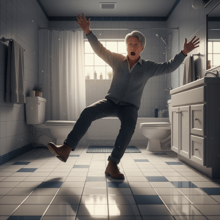 Elderly person slipping and falling on a wet bathroom floor
