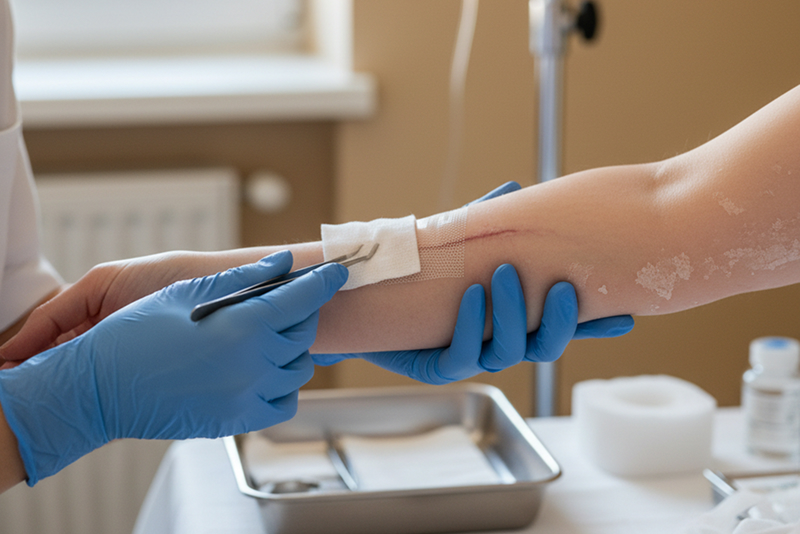 ost-chemotherapy wound on patient's arm with gentle care and sterile dressing.