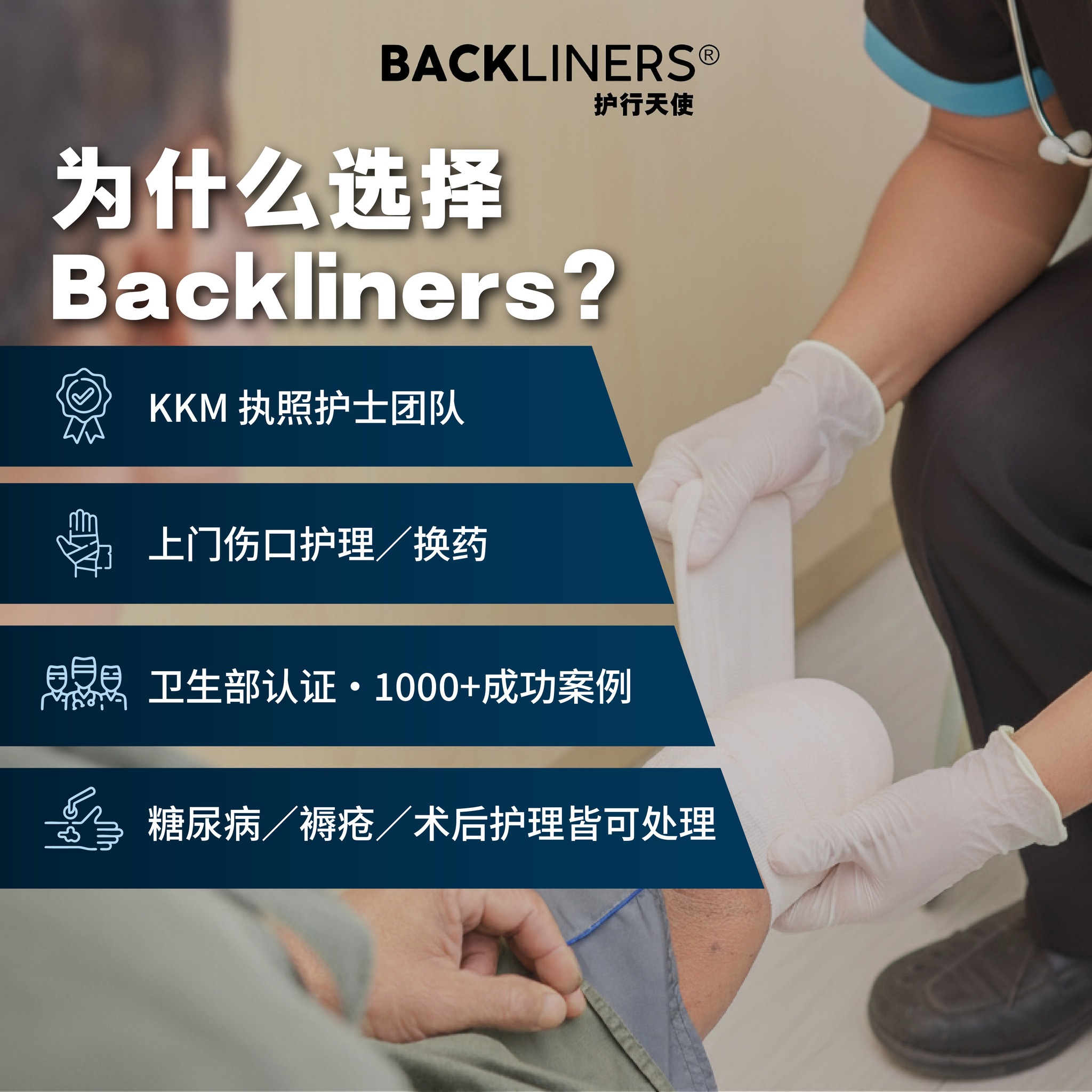 why backliners Home wound dressing and nursing care by Backliners, handled by KKM-licensed registered nurses